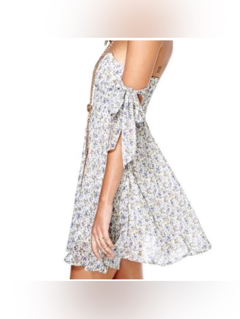 For Love & Lemons Kiss Me Dress Floral Tie Sleeve Mini Blue Ivory Boho M - Picture 2 of 7